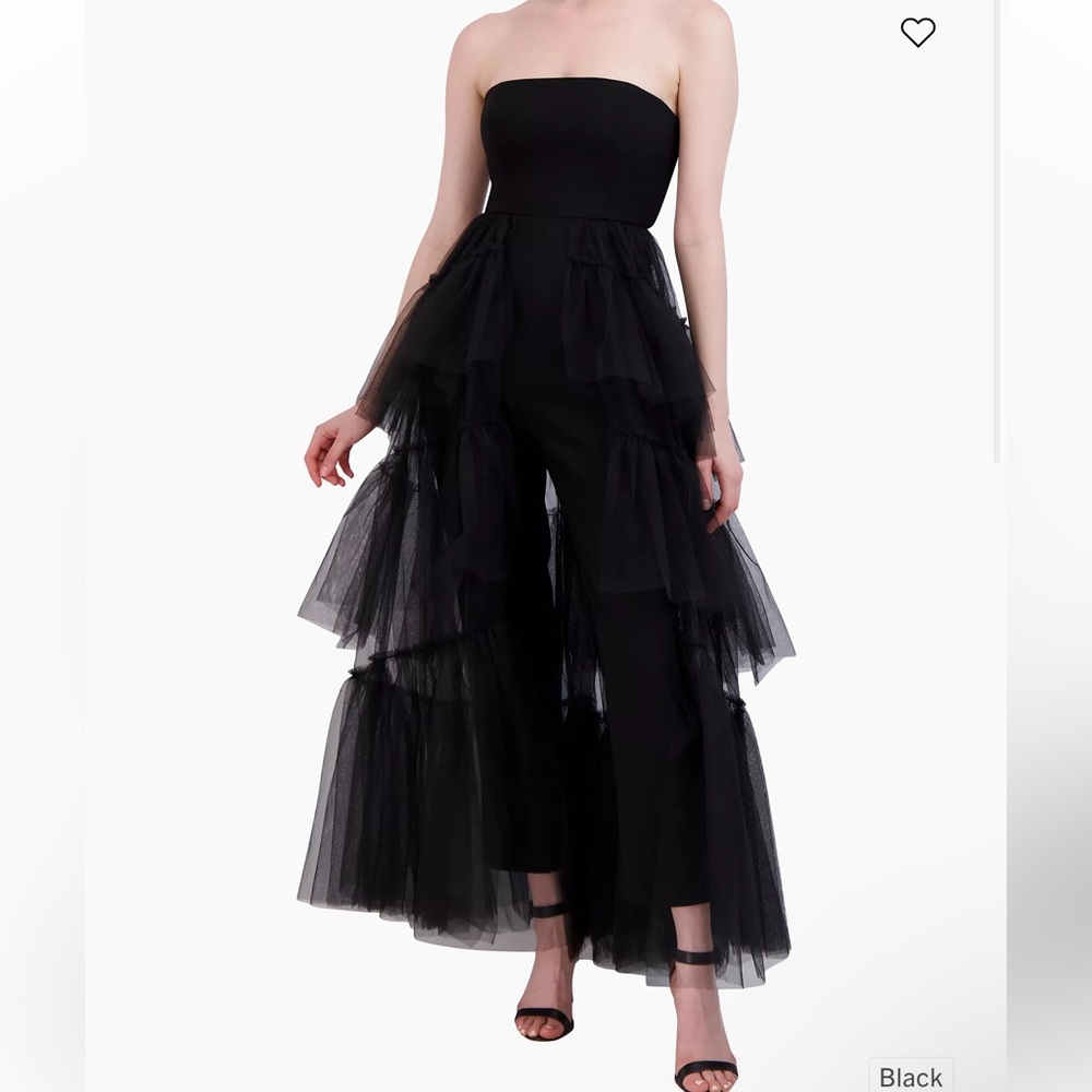 BCBGMaxazria Strapless Tiered Tulle Overlay Jumpsuit Size 4 Black